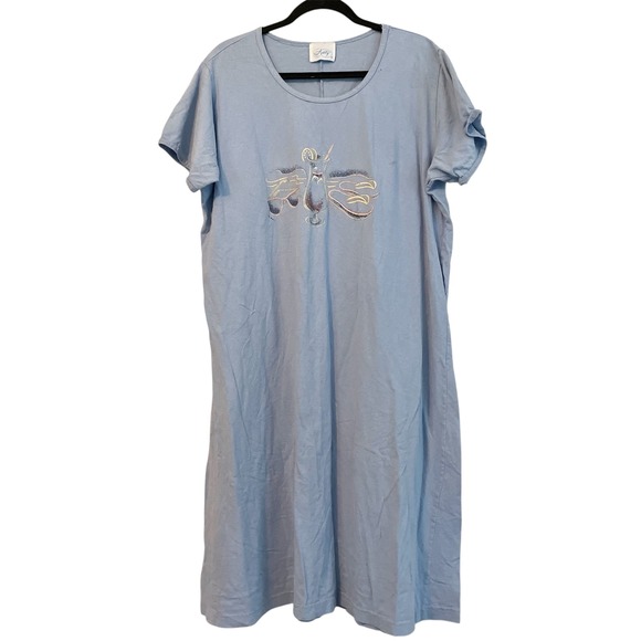 Katz Embroidered Lounge Dress Casual Comfy Blue Short Sleeve‎ L Vintage Beachy - Picture 1 of 9